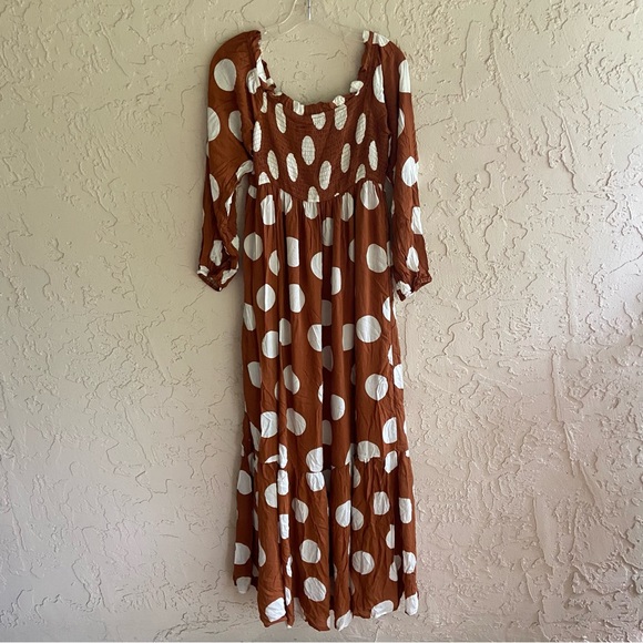 CAITLIN COVINGTON X PINK LILY BLUFF WALK BROWN POLKA DOT OFF THE SHOULDER DRESS - Picture 5 of 15